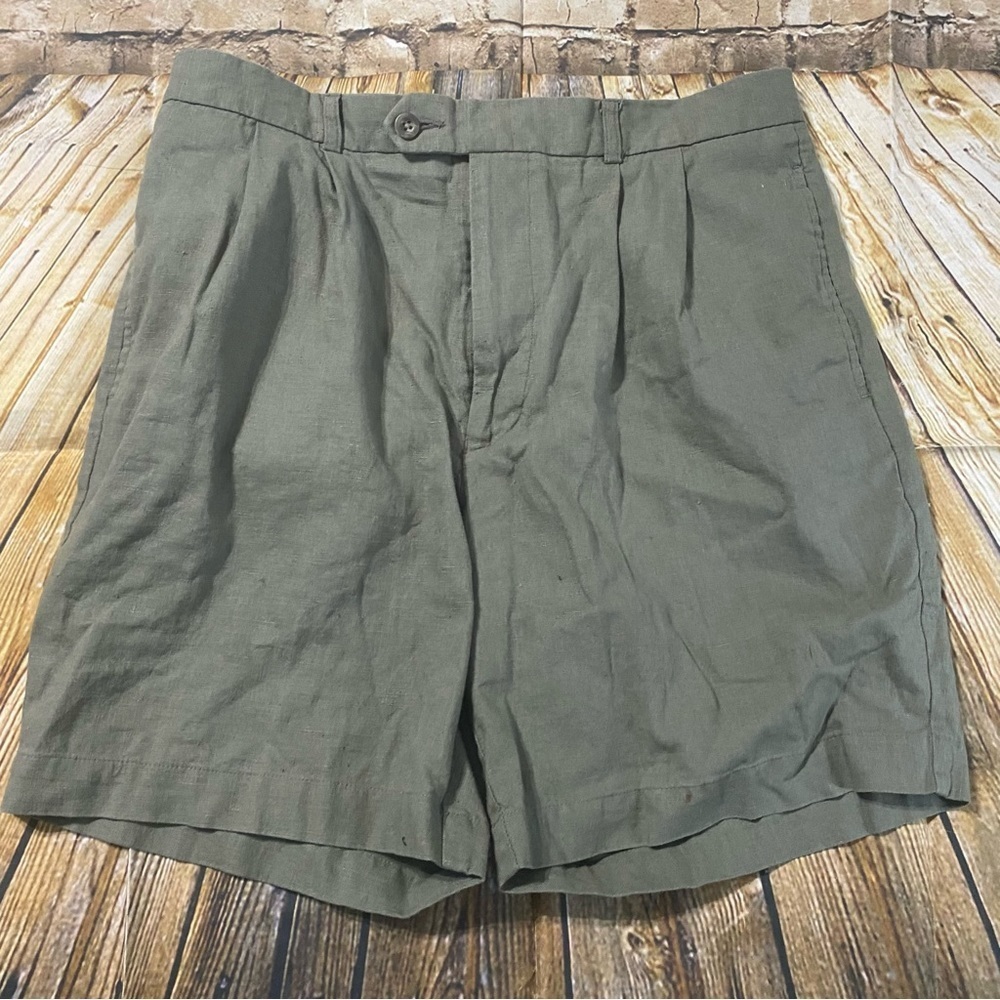 Perry Ellis Olive Green Linen Blend Pleated Shorts